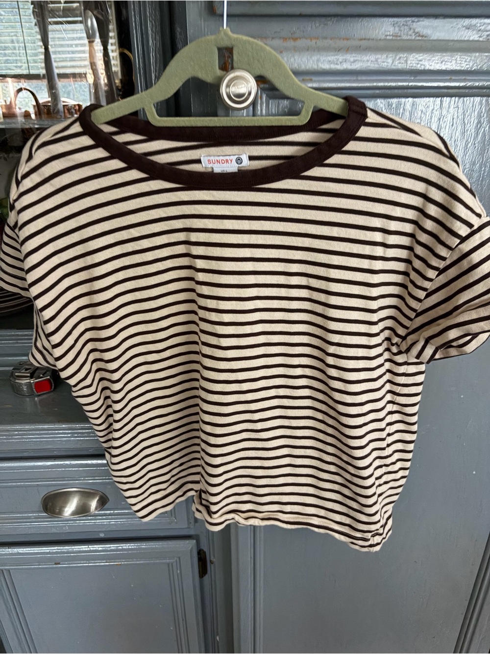 Sundry Cream and Brown Striped Short Sleeve Tee